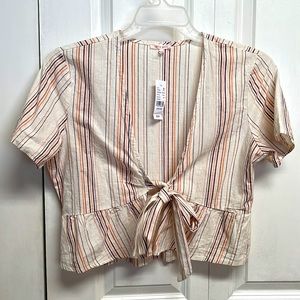Lottie Moss Multi Color Striped Linen Blend Open Tie Front Crop Top Size L NWT